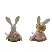 Spring fabric bunnies set of 2, sitting plush rabbits with floral skirt and straw bonnet
