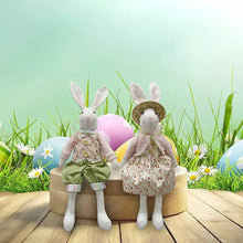 Spring fabric bunnies set of 2, seated plush rabbits in floral outfits with caps