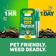 Weed and grass killer sprayer jug with 1 hr and 1 day results graphics