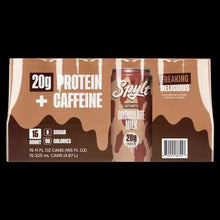 Cardboard pack showing caffeinated chocolate milk can with 20g protein and caffeine