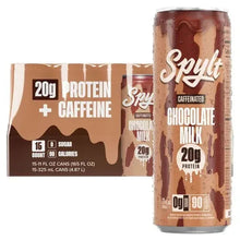 Protein milk can with chocolate branding and caffeinated label, 20g protein