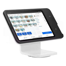Square POS iPad stand with iPad touchscreen showing a grid screen and white base
