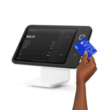 Square POS iPad stand with iPad screen and blue payment card at the side port