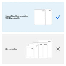 Square POS iPad stand compatibility graphic: USB-C supported sizes with check and X