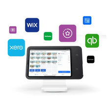 Square POS iPad stand with iPad showing app tiles on screen and white base
