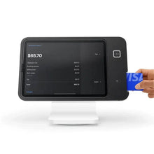 Square POS iPad stand with payment card near side port and white base
