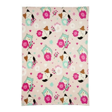 Floral plush throw blanket with cute bird and penguin faces, hearts, and flowers pattern
