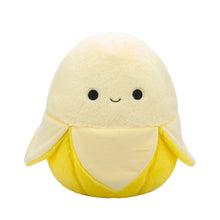 Yellow banana-shaped plush toy with soft fuzzy texture, smiling face, white belly