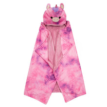 Pink plush hooded throw blanket with animal face hood, ears, and open front drape