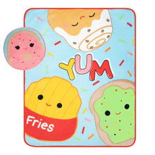 Square character throw blanket, blue with food faces and YUM text, red border