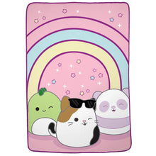 Plush blanket with pink background, rainbow stripes, and three animal faces print