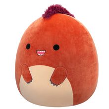 Orange plush duck-style toy with purple tuft, friendly grin, and round white belly patch