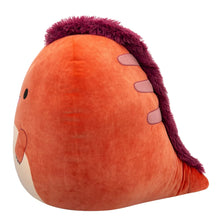 Orange plush duck-style toy with purple ear fin and white belly patch, side view