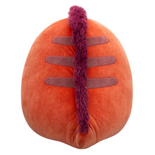 Orange plush duck-style toy with long purple back tuft and gray-blue arm patches