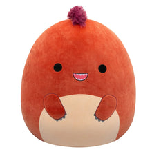 Orange plush duck-style toy with purple tuft, smiling face, and white belly patch