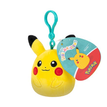 Clip-on Pikachu plush keychain with round Squishmallows Pokémon tag, teal clip
