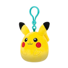 Clip-on Pikachu plush keychain, yellow face with red cheeks and black ears, teal clip