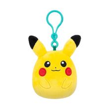 Clip-on Pikachu plush keychain, yellow with red cheeks, teal clip