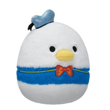Donald Duck plush front view, white fuzz with blue band and red bow tie