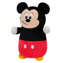 Mickey Mouse plush toy, front view, black shirt and red shorts with white dots, yellow feet