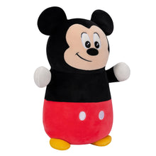 Mickey Mouse plush toy, front view, black shirt, red shorts with white dots, yellow feet