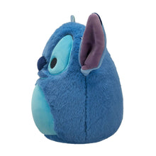 Blue Stitch-style plush with purple ear and teal belly, side view of soft stuffed body