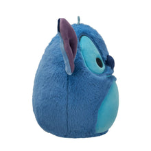 Blue Stitch-style plush side view with teal belly patch, purple ear, embroidered eye and dark nose
