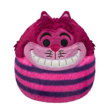 Cheshire Cat plush with big grin, magenta fur, and purple-and-pink striped belly