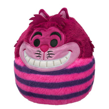 Cheshire Cat plush front view with wide eyes, grin, magenta fur, and striped belly
