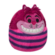 Cheshire Cat plush with magenta fur, purple-and-pink stripes, and a big smile