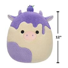 Cream-and-purple cow plush with pink snout, black eyes, and small horn tuft.