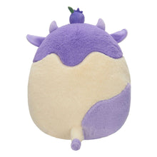 Purple and cream cow plush toy from the back with fuzzy horn tuft and tail tip.