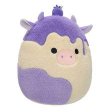 Purple and cream cow plush toy with pink snout and black eyes, front view.