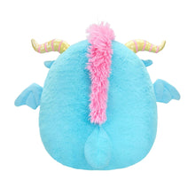 Blue dragon plush back view with rainbow horns and long pink fuzzy tail