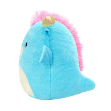 Blue dragon plush side view with cream belly, rainbow horn tips, and pink fuzzy back tuft