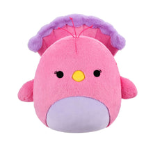 Pink and purple peacock plush with yellow beak, black eyes, and gray belly