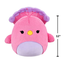 Pink and purple peacock plush with yellow beak, black eyes; 12 in size