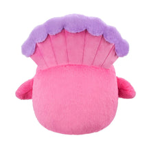 Pink plush body with purple top hood and stitched feather fan back detail
