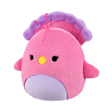 Pink and purple peacock plush face with yellow beak, black eyes, and red crest