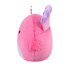 Pink peacock plush with purple fin, gray belly, and stitched red feather accents
