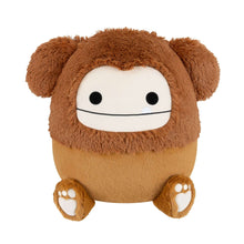 Brown Bigfoot plush toy with fuzzy hood, white face, smiling mouth and paw pads