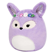 Lavender fennec fox plush with flower crown and cream muzzle, front view