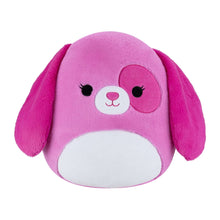 Pink and white plush dog with floppy ears, embroidered face, and round white belly