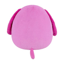 Pink plush dog back view with small tail nub and rounded body, soft fuzzy fabric
