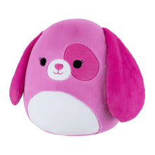 Pink plush dog with white belly, floppy ears, and embroidered nose and eyes
