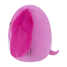 Pink plush dog back view with floppy ears and rounded body, soft fuzzy texture