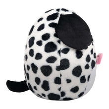 Dalmatian plush toy, side view with fuzzy black spots, one black ear, and tail