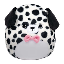 Dalmatian plush toy with fuzzy black ears, white face, and pink bowtie