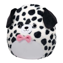 Dalmatian plush toy with fuzzy black spots, white face, pink bowtie and floppy ears