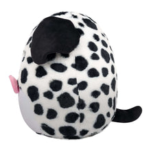 Dalmatian plush toy, back/side view with fuzzy black spots, black ear, and tail